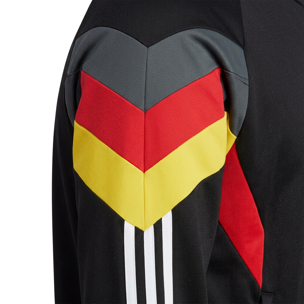 Détail des empiècements gris, rouges et jaunes