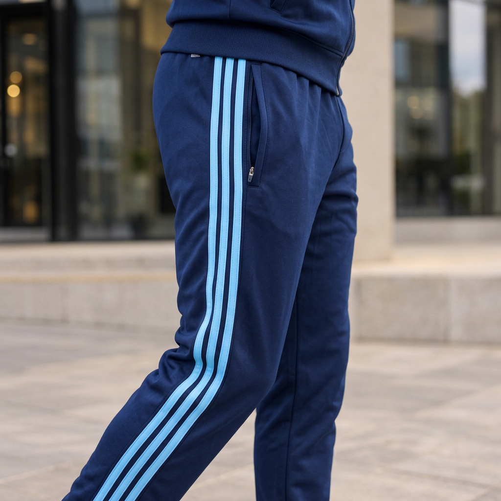 Gros plan sur les bandes latérales du pantalon bleu marine
