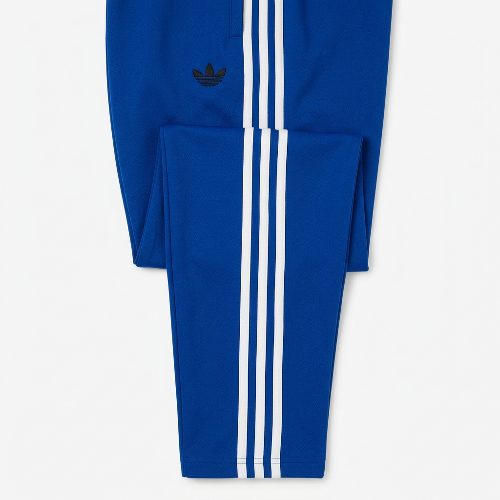 Gros plan des trois bandes blanches sur le pantalon bleu royal.