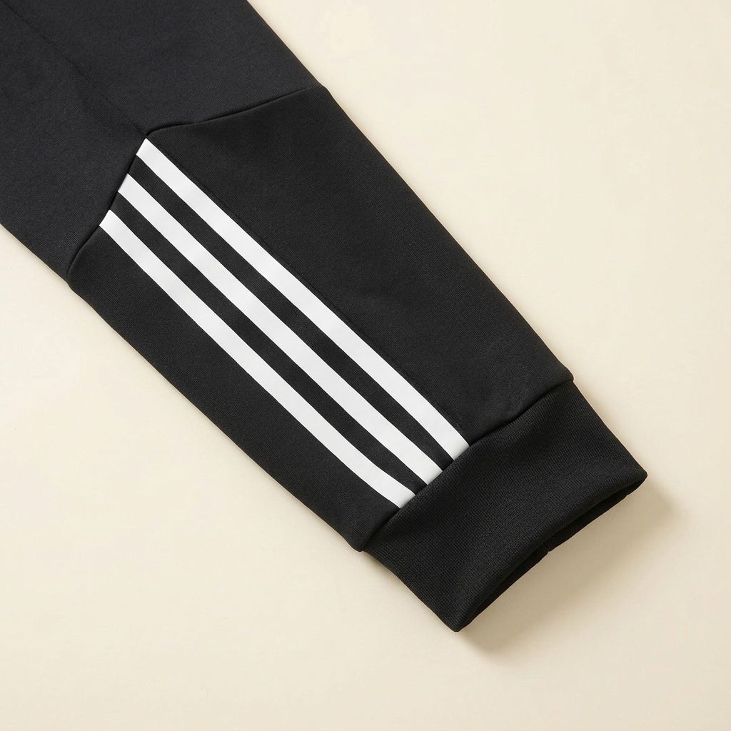 Détail des bandes blanches du pantalon noir