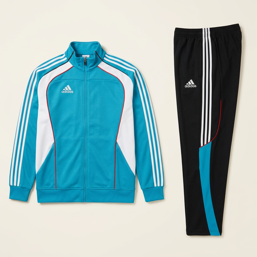 Survêtement turquoise et noir sur fond blanc